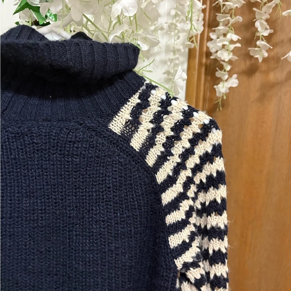Tory Burch Carey Navy and Cream Striped Turtleneck Sweater